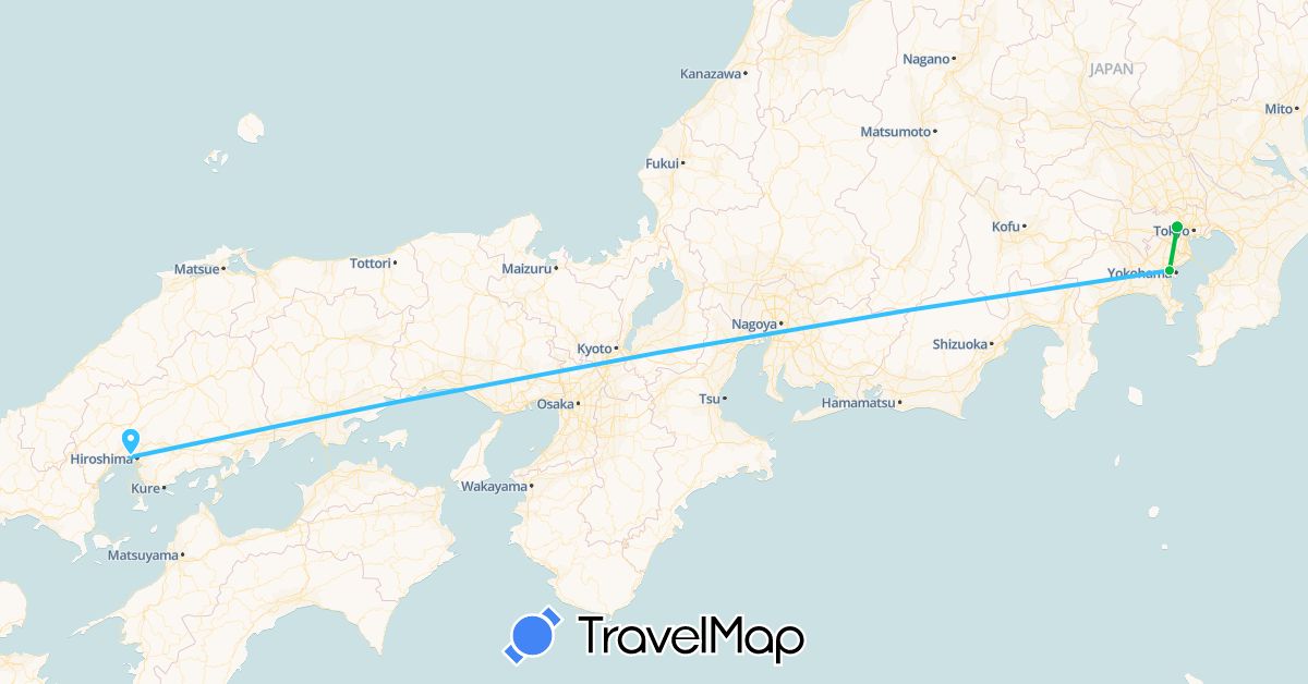 TravelMap itinerary: driving, bus, boat in Japan (Asia)